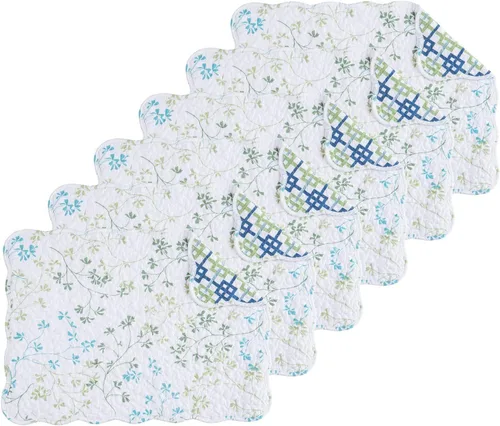 C&F Home Olivia - Juego de 6 manteles individuales rectangulares de algodón acolchado reversible con diseño vintage de flores azules y blancas,