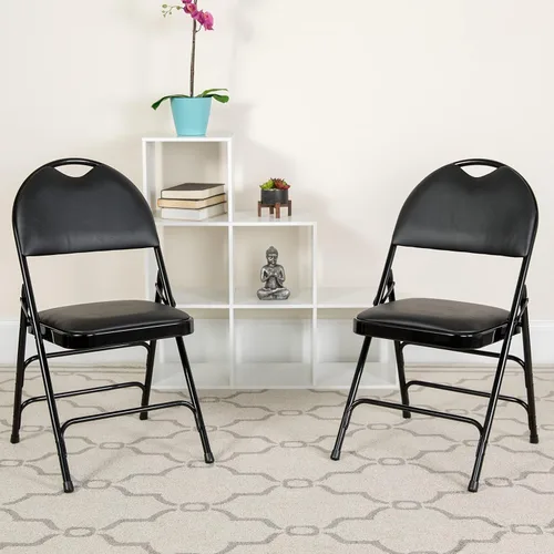 Miniatura 2 de Flash Furniture HERCULES Series Ultra Premium Triple Braced Black Vinyl Metal Silla plegable con asa fácil de transportar Marco negro de vinilo.
