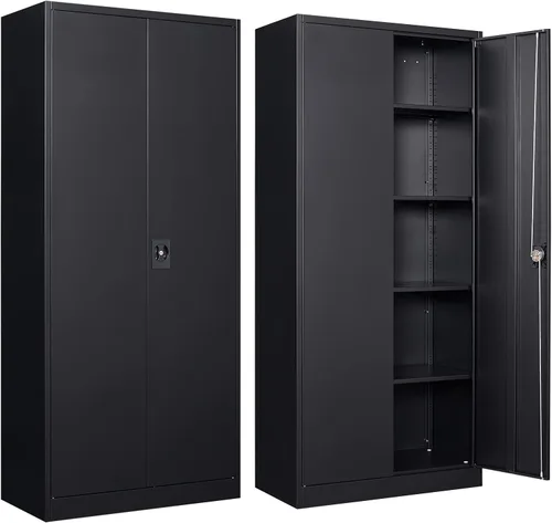 Miniatura 28 de Gabinete de almacenamiento de metal para garaje, armario de almacenamiento con cerradura de 71 pulgadas con 2 estantes ajustables y 1 cajón