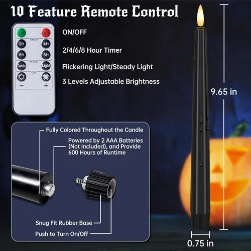 Miniatura 6 de Stmarry - Velas cónicas sin llama negras con control remoto y temporizador - Velas LED de cera real de 9.65 pulgadas - Velas cónicas de cera