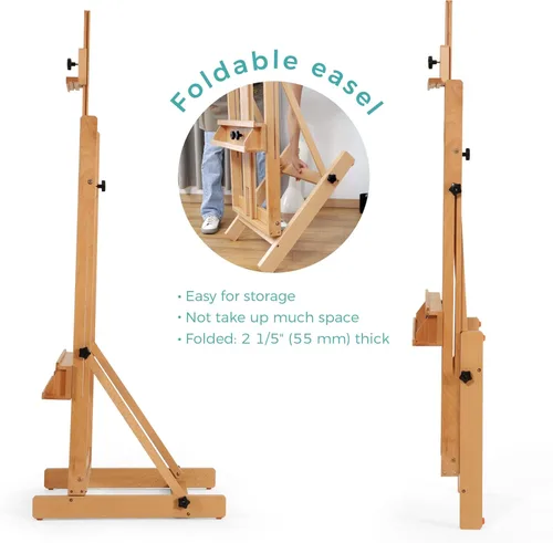Miniatura 5 de VISWIN Caballete grande con marco en H para pintar de 53 a 91 pulgadas de alto, soporte ajustable de madera de haya maciza resistente con bandeja