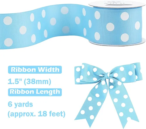 Miniatura 3 de MEEDEE Cinta de grogrén de lunares azul claro y blanco para envolver regalos, 1-1/2 pulgadas x 6 yardas, cinta de bebé para manualidades, regalos