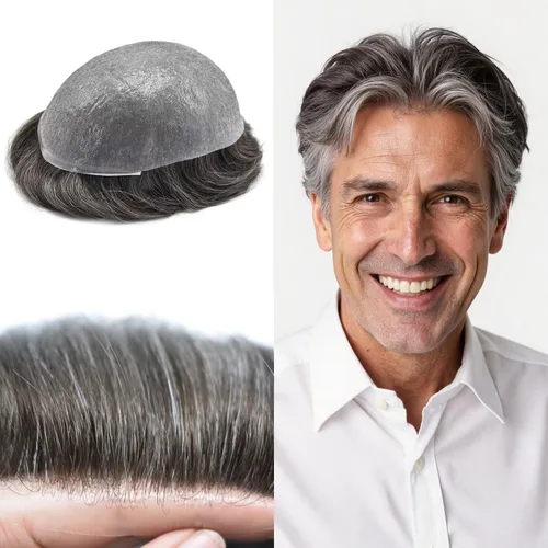Miniatura 54 de FNY HAIR - Tupé para hombres, sistema de cabello humano, piel ultrafina, PU con bucle en V, prótesis de cabello natural para hombres, #1B05 1B# OFF