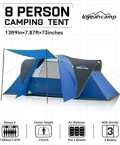 Miniatura 2 de LOYEAHCAMP Tienda de campaña de 8 personas con cúpula extendida más grande con 3 habitaciones, tienda de campaña familiar impermeable