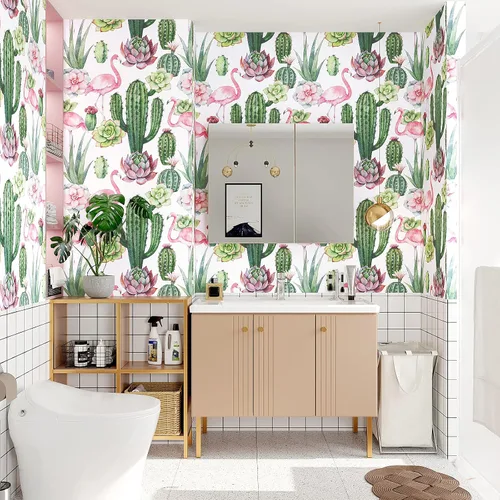 Miniatura 5 de VEELIKE Flamingos Cactus - Papel tapiz autoadhesivo para despegar y pegar de 17.7 x 118 pulgadas, diseño floral suculento verde tropical