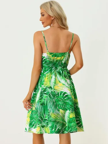 Miniatura 3 de Allegra K Vestido de tirantes con nudo para mujer, estampado tropical, sin mangas, con nudo frontal