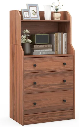 GOFLAME Cómoda de 3 cajones con estante, organizador de almacenamiento moderno de 44 pulgadas de alto con diseño antiinclinación, cómoda de