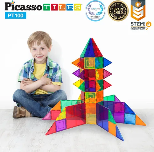 Miniatura 6 de PicassoTiles Figuras magnéticas + 100 azulejos magnéticos + 2 camiones de automóvil, juego de expansión de imán de acción de personajes de 8 piezas