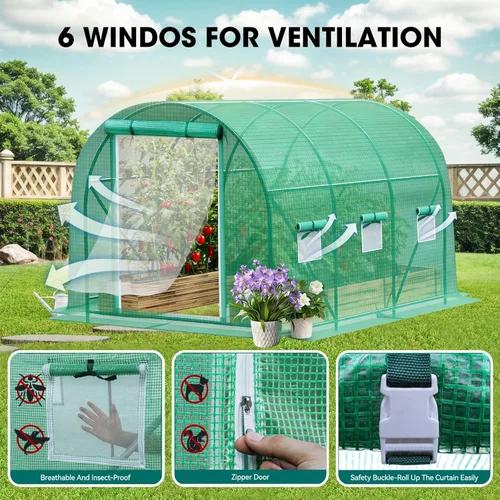 Miniatura 3 de Grezone Invernadero de Paso Mejorado Casa Verde con Puertas de Malla con Cremallera y 6 Ventanas de Malla Casa Cálida para Plantas de Plástico