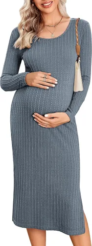 Ekouaer Maternity Dress Rib Knit Long Sleeve Side Slit Bodycon Dresses Pregnancy Baby Shower Clothes S-XXL