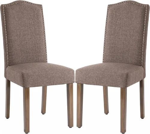 Miniatura 11 de Silla de comedor tapizada moderna y elegante Parsons con respaldo alto con ribete plateado de cabeza de clavo y patas de madera, juego de 2, tela