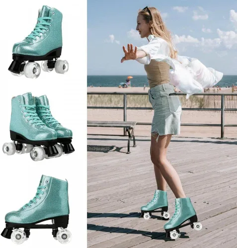 Miniatura 4 de XUDREZ Patines de ruedas para mujeres, patines de alta calidad holográficos de cuero de poliuretano, patines brillantes de doble fila de cuatro