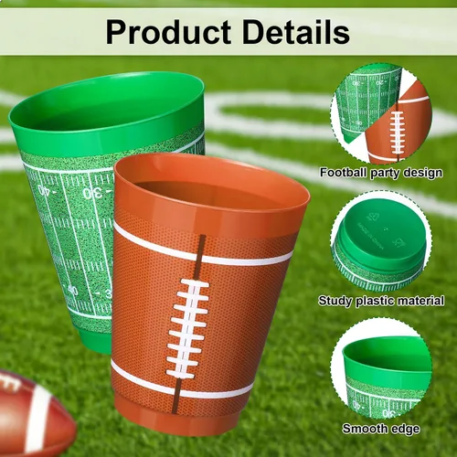 Miniatura 3 de Nuenen Juego de 24 tazas de plástico de fútbol de 16 onzas, juego de fiesta de fútbol con temática de rugby, taza esmerilada de plástico