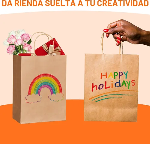 Miniatura 5 de METAPRINT Paquete de 100 bolsas de papel kraft azul medianas de 8 x 4.5 x 10.8 pulgadas con asas a granel, bolsas de regalo, compras de comestibles