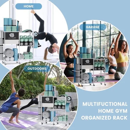 Miniatura 7 de Estante de Almacenamiento para Esterilla de Yoga, Estante de Almacenamiento para Gimnasio en Casa, Organizador de Almacenamiento de Equipo de Beige