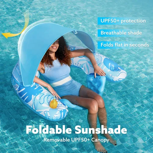 Miniatura 2 de SLOOSH Flotadores de piscina con toldo para adultos, sillas inflables XL con portavasos para adultos, flotadores inflables con reposacabezas