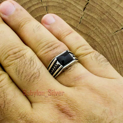 Miniatura 4 de Anillo de lujo de plata de ley 925 maciza auténtica, piedra de ónix negro