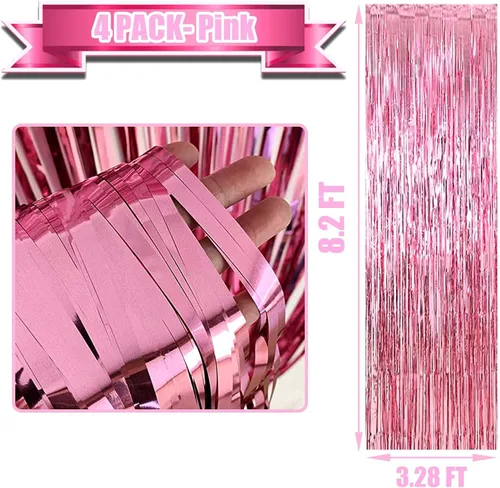 Miniatura 2 de Paquete de 4 cortinas de flecos de papel metálico rosa, 3.28 pies x 8.2 pies, cortinas de serpentinas de flecos de oropel metálico para accesorios