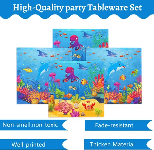 Miniatura 4 de 120 piezas Decoraciones de fiesta bajo el mar, juego de platos y servilletas para cumpleaños en tema de océano, juego de vajilla temática
