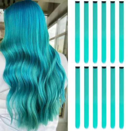 Miniatura 7 de Paquete de 12 extensiones de cabello de colores arcoíris, mechones para fiestas, 22 pulgadas, extensiones de cabello coloridas con clip, mechones