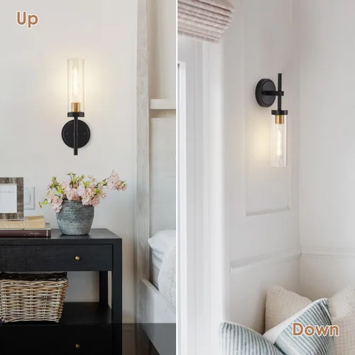 Miniatura 7 de Juego de 2 apliques de pared cableados negros y dorados, modernos apliques de tocador de baño con pantalla de vidrio transparente, luces de montaje