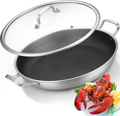 Yeksum Paella de tres capas de acero inoxidable de 14.5 pulgadas, 12 porciones con tapa, sartén grande antiadherente 18/10, olla jumbo, bandeja de