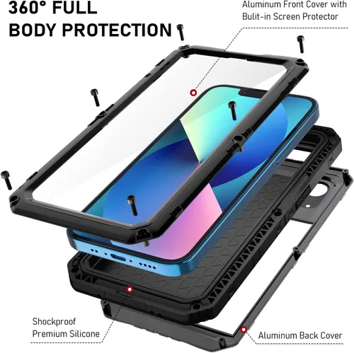 Miniatura 6 de Beasyjoy Funda impermeable para iPhone 13, funda de metal con protector de pantalla integrado, resistente protección de cuerpo completo, grado