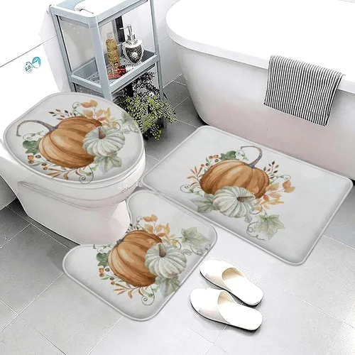 Miniatura 3 de Juego de 3 alfombras de baño de calabaza naranja otoñal, hojas de arce verde, cosecha de otoño, decoración de Acción de Gracias, tapete de baño