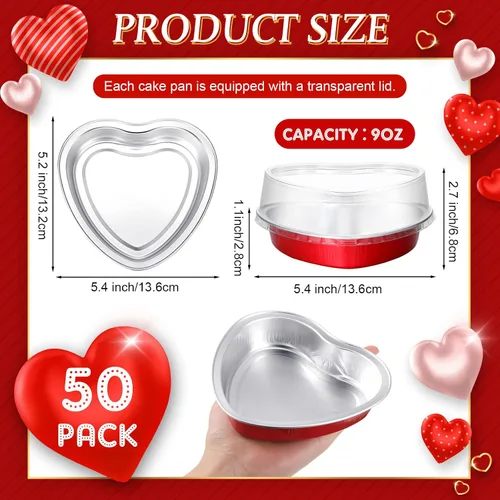 Miniatura 2 de Yinkin Juego de 50 moldes de aluminio con forma de corazón de 9 onzas con tapa, moldes desechables de papel de aluminio para cupcakes, moldes
