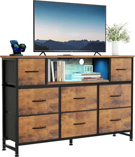 Miniatura 9 de DUMOS - Cómoda para TV con 8 cajones de tela, cómoda, color negro APP Control LED Lights and Type-C Charging Station, Fabric Storage Tower TV