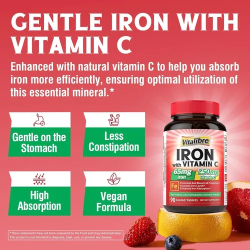 Miniatura 3 de Suplemento de hierro, 65 mg de hierro carbonilo con 250 mg de vitamina C, píldoras de hierro amigables con el estómago para mujeres y hombres, alta