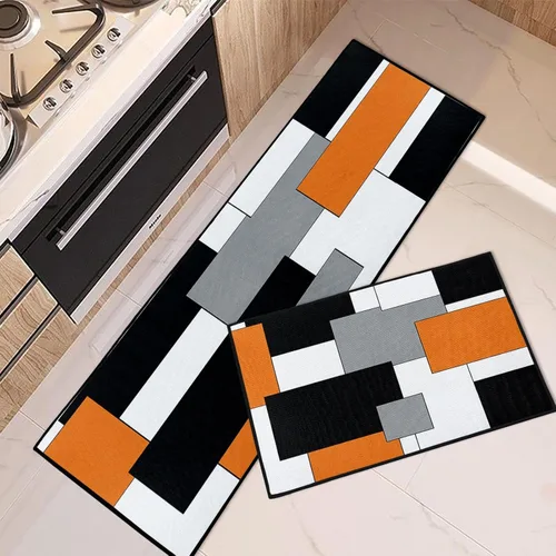 Miniatura 9 de Juego de 2 alfombras y tapetes de cocina abstractos color naranja, antideslizantes, lavables, color beige, contemporáneo, pintura artística