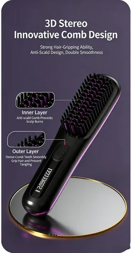 Miniatura 6 de Peine alisador de pelo inalámbrico, alisador y rizador de pelo de cerámica iónica portátil con pantalla LCD, plancha plana inalámbrica de 3 niveles