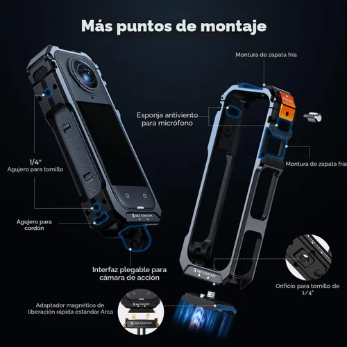 Miniatura 2 de K&F Concept Jaula para Cámara para Insta360 X5, Estuche Protector de Aleación de Aluminio con Cubierta de Lente de Silicona, Marco con 2 Monturas