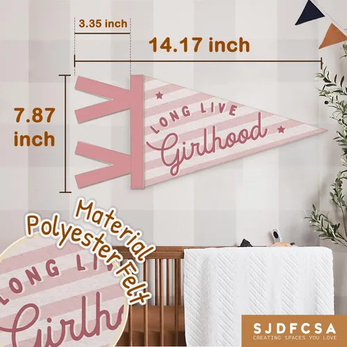 Miniatura 7 de Decoración de guardería para bebé, larga vida de la niña, bandera colgante de pared para niña, decoración de pared a rayas rosas para guardería