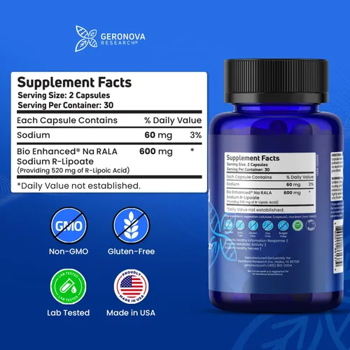 Miniatura 2 de Geronova Research Ácido R-lipoico Bio-Mejorado, dosis de 600 mg - Suministro de 1 mes - Ácido alfa lipoico R estabilizado con absorción mejorada