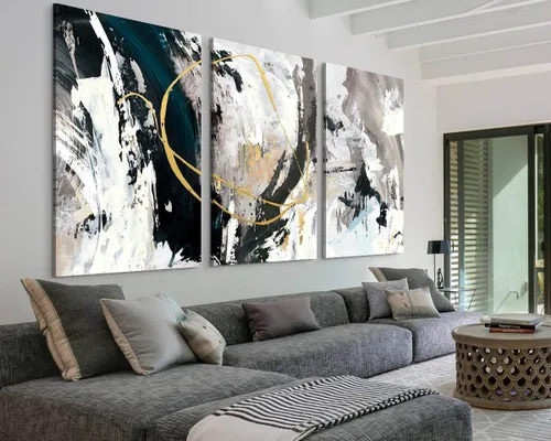 GIFTTWART Arte abstracto de gran tamaño para pared, pintura en lienzo negro, blanco y dorado con aspecto texturizado para decoración de sala de