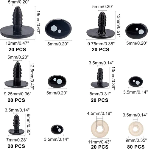 Miniatura 2 de PH PandaHall 200 ojos de seguridad kawaii, 5 tamaños, ojos de animales de peluche negros, ojos Kawaii con arandelas, ojos ovalados de resina