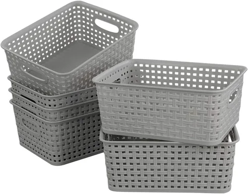 Paquete de 6 cestas organizadoras de plástico, 10.04 pulgadas de largo x 7.48 pulgadas de ancho x 3.95 pulgadas de alto, ligeramente gris | 10.04"L