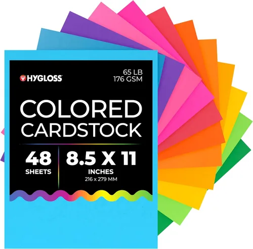Hygloss Cartulina de Colores Brillantes - 8.5x11 Pulgadas, 12 Colores Surtidos, 48 Hojas, 65 lb/ 176 gsm, Resistente a la Decoloración, Papel de