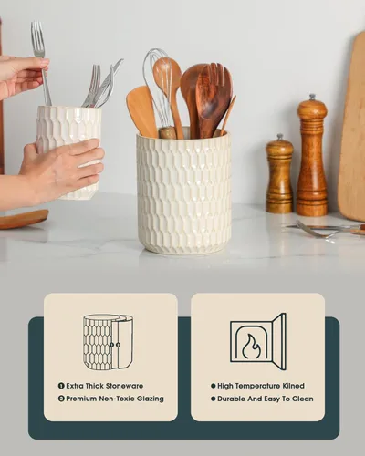 Miniatura 7 de Portautensilios, 7.3"+5.4" Portautensilios de Cerámica para Cocina para Encimera, Recipiente Grande para Utensilios de Cocina para Encimera de Beige