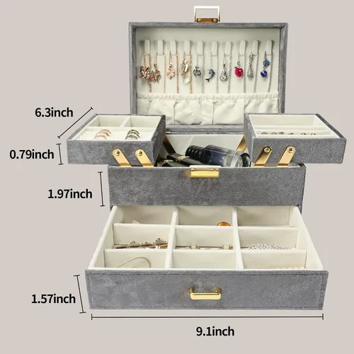Miniatura 6 de Dajasan Velvet Jewelry Boxes Women Jewelry Organizer Box 3- Layer Large Jewelry Storage Case for Birthday Mothers Day Valentines Day Grey