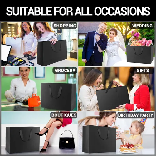 Miniatura 5 de EUSOAR Bolsas de regalo grandes negras, paquete de 12 bolsas de papel de compras de 16 x 6 x 12 pulgadas con asas, bolsa de mercancía de papel kraft