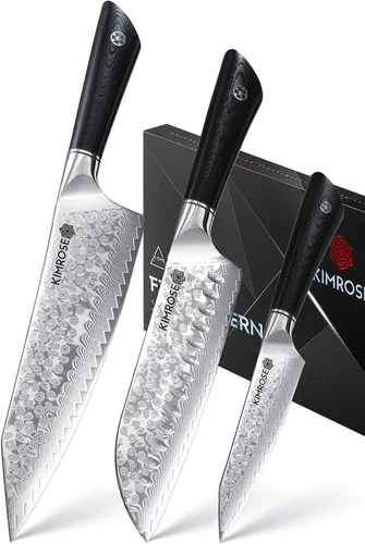 KIMROSE Juego de cuchillos de Damasco - 3 piezas - Acero de aleación de alto carbono 10Cr15CoMoV - Cuchillo de chef profesional - Mango G10 -