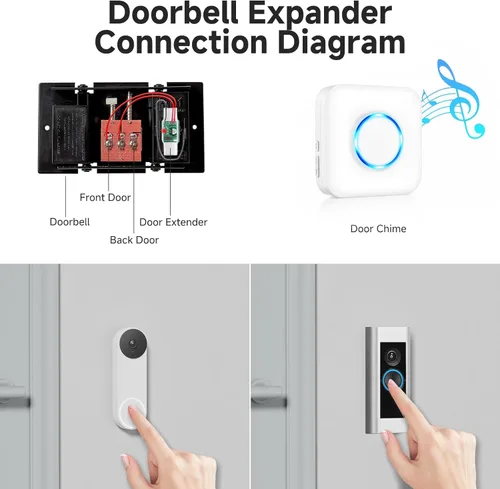 Miniatura 4 de Satisure Timbre inalámbrico para timbre de puerta Google Nest (con cable, 2ª Gen y 3ª Gen) Extensor de timbre con receptor se conecta a 58 timbres
