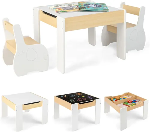 INFANS Juego de mesa y silla para niños 3 en 1, mesa multiactividad de madera con almacenamiento removible en la parte superior, pizarra desmontable