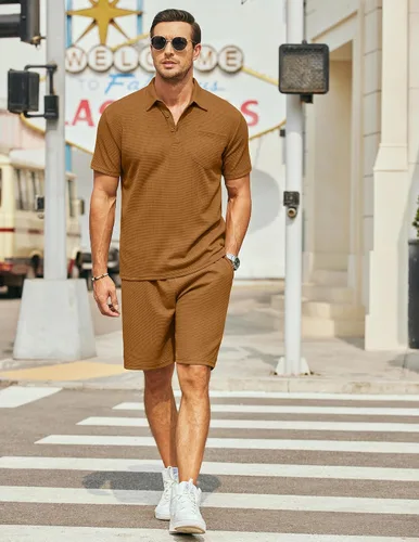 Miniatura 9 de COOFANDY Conjunto de camisa polo y pantalones cortos de punto gofre para hombre, conjunto de 2 piezas, traje de verano casual con bolsillos