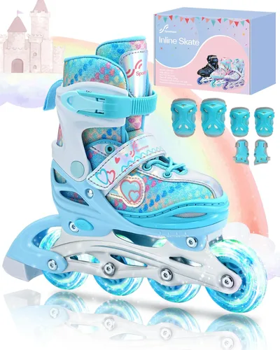 Sportneer Patines en línea ajustables de 4 tamaños para niñas, patines en línea para niños, talla 12C-9 con ruedas iluminadas, patín con equipo de