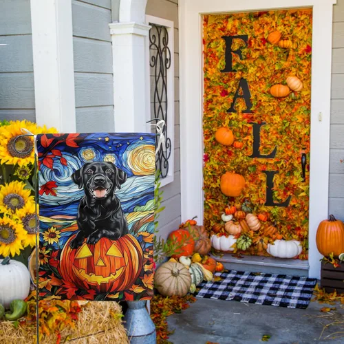 Miniatura 6 de Bandera de jardín de otoño de laboratorio negro de vidrio emplomado, letreros de patio de calabaza de Halloween, banner de girasol de Acción