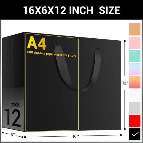 Miniatura 2 de EUSOAR Bolsas de regalo grandes negras, paquete de 12 bolsas de papel de compras de 16 x 6 x 12 pulgadas con asas, bolsa de mercancía de papel kraft